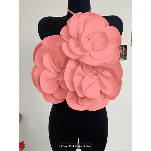 Pink Oversized 3D Flower Halter Crop Top –  Backless Party & Festival Blouse - Picture 1 of 5